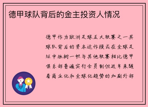 德甲球队背后的金主投资人情况