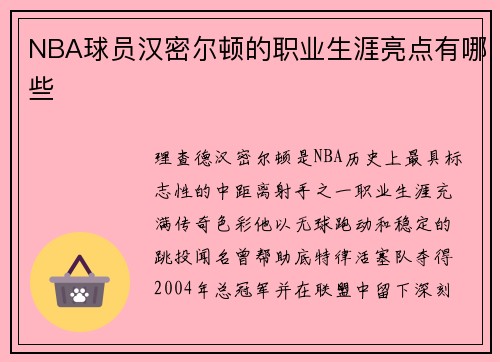 NBA球员汉密尔顿的职业生涯亮点有哪些